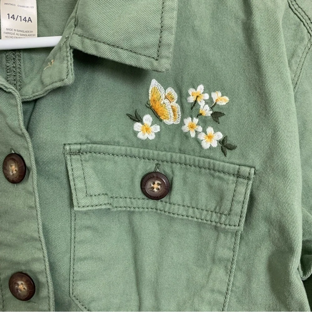 Oshkosh Girls Size 14 Button Front Shirt Shacket Jacket Embroidered Butterfly